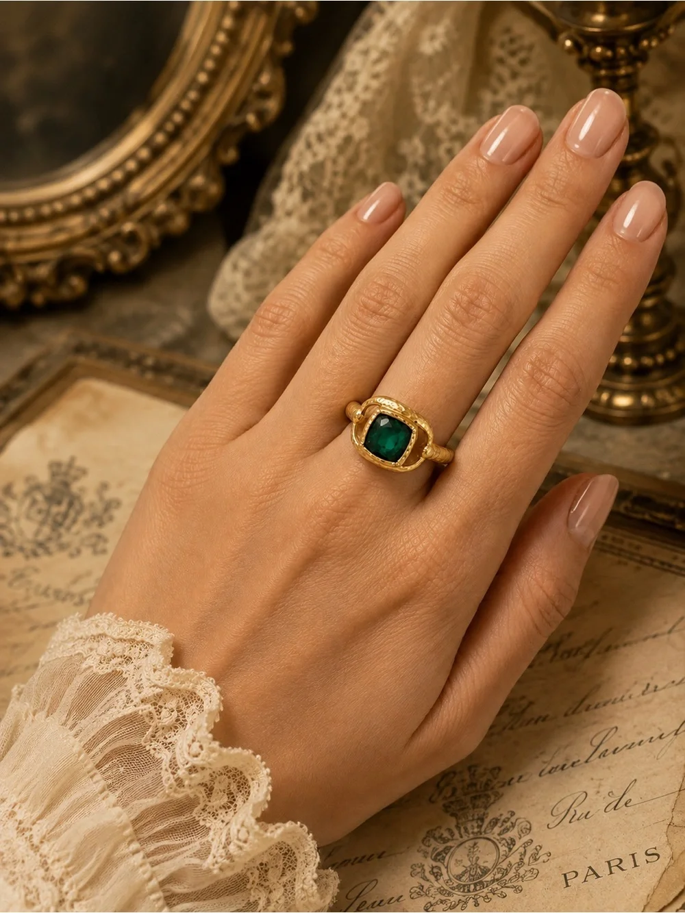 OSCAR DE LA RENTA • Emerald Crystal Embellished Hammered Gold Ring